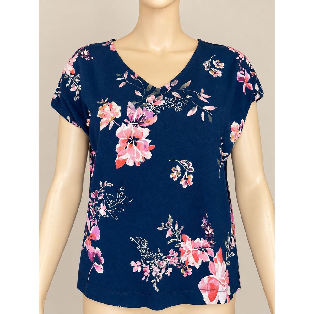 J Jill Luxe Supima V Neck Floral Cap Sleeve Tee XSP NWOT